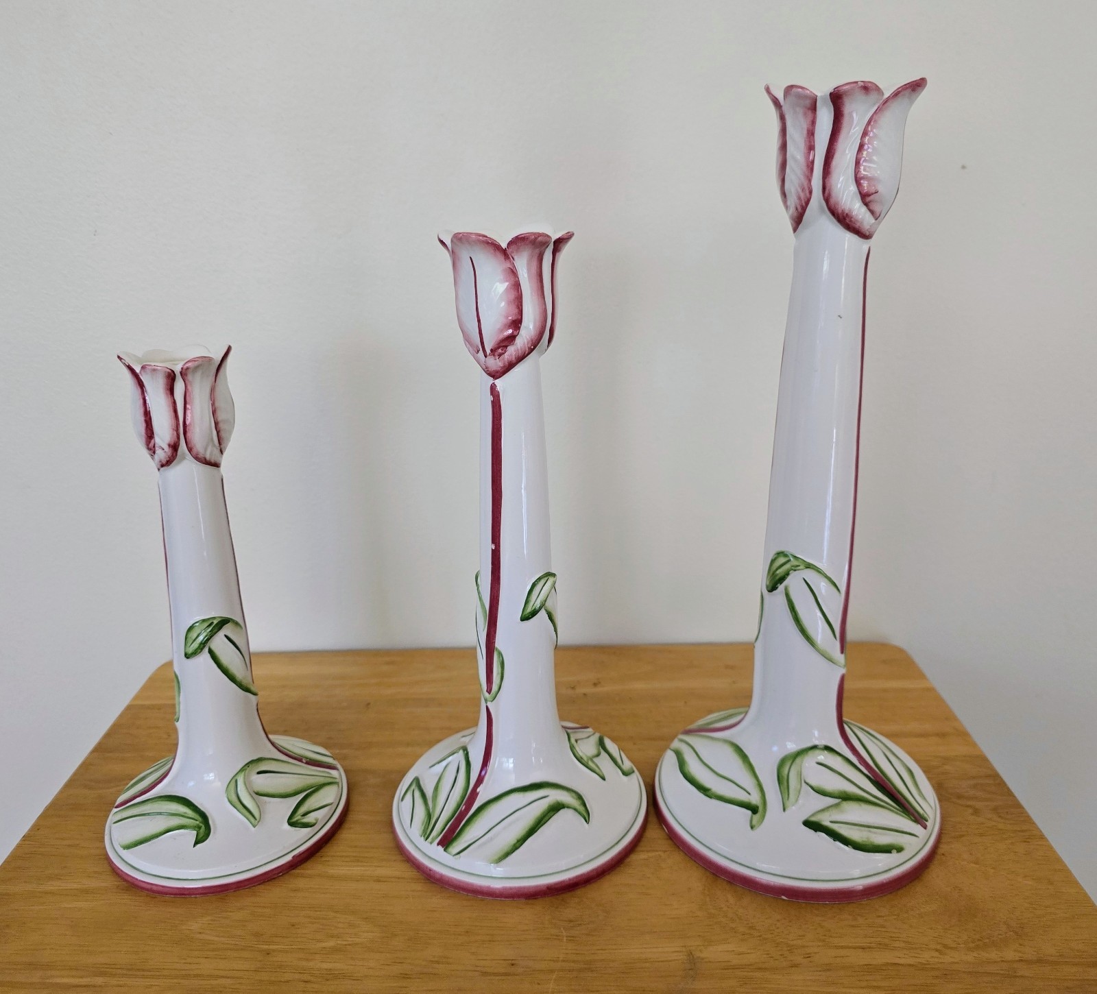 Three Vintage Late 20th Century Porcelain Tulip Candle Holders Made in Italy