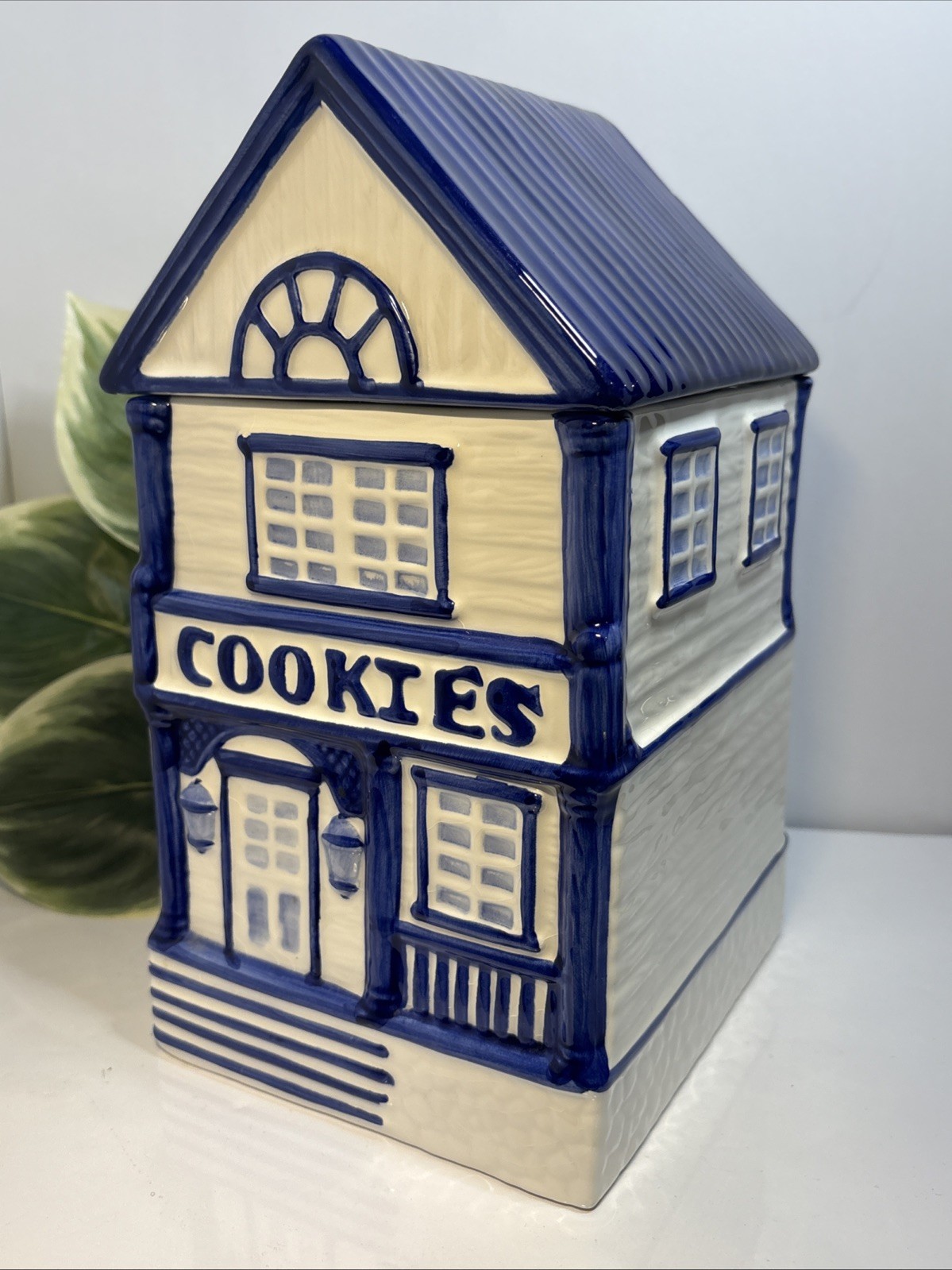 Vintage CKAO Blue and White Ceramic Cookie Jar House Cottage