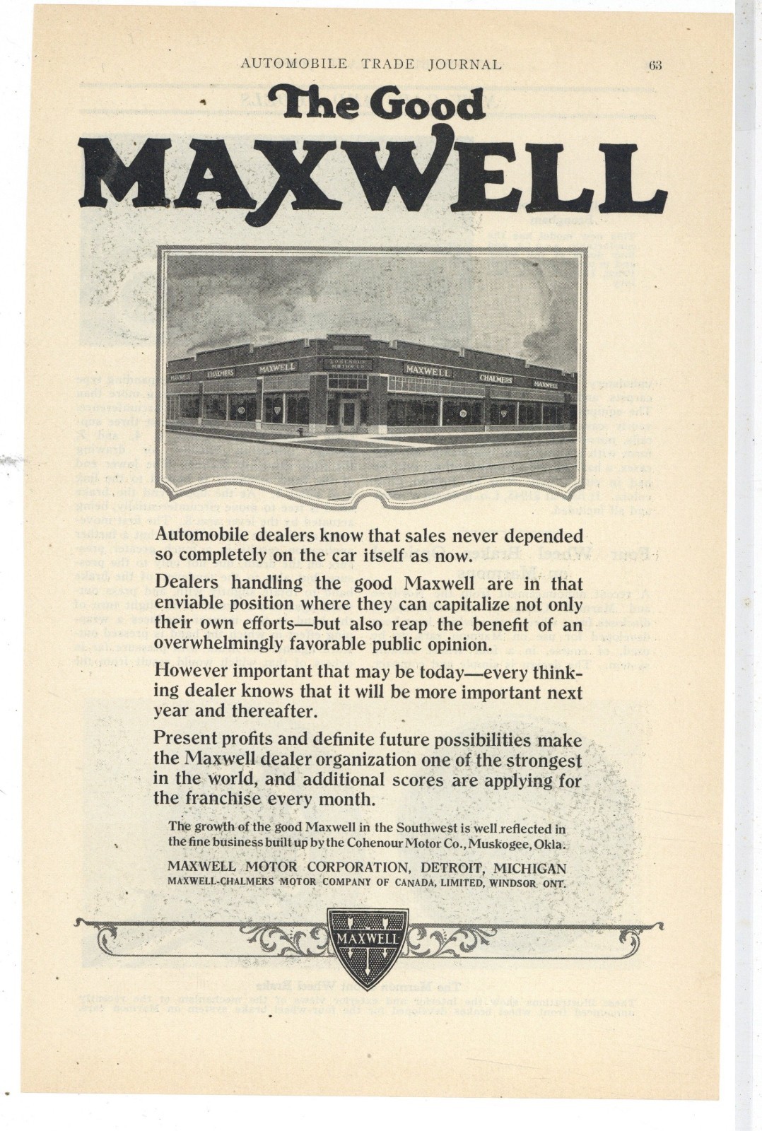 1923 Maxwell Automobiles of Detroit Ad: Cohenour Motor Co. Muskogee Oklahoma Pic