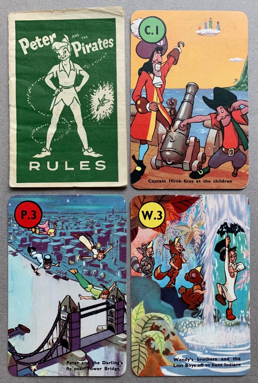Vtg. 1953 Walt Disney/Castell Bros. Peter & the Pirates, 3 Cards + Rules Booklet