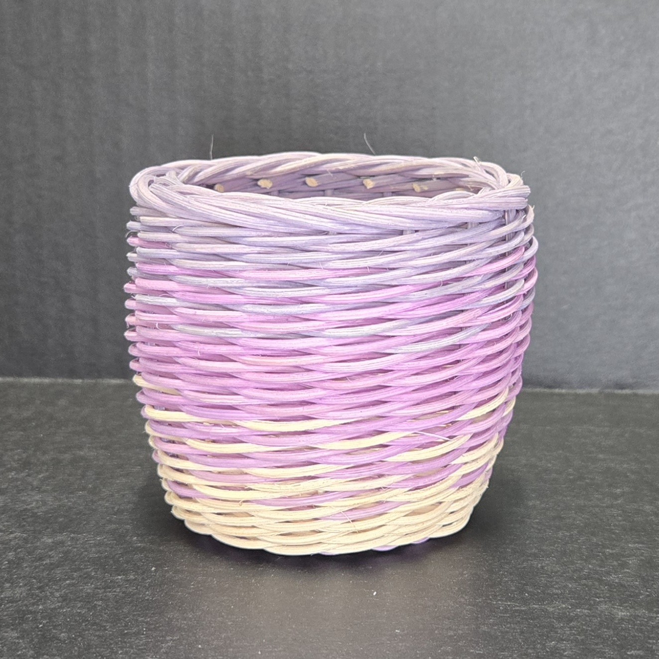 Mini Hand Woven Round Reed Basket Purple Ombre 3 Inch Small Pastel Decorative