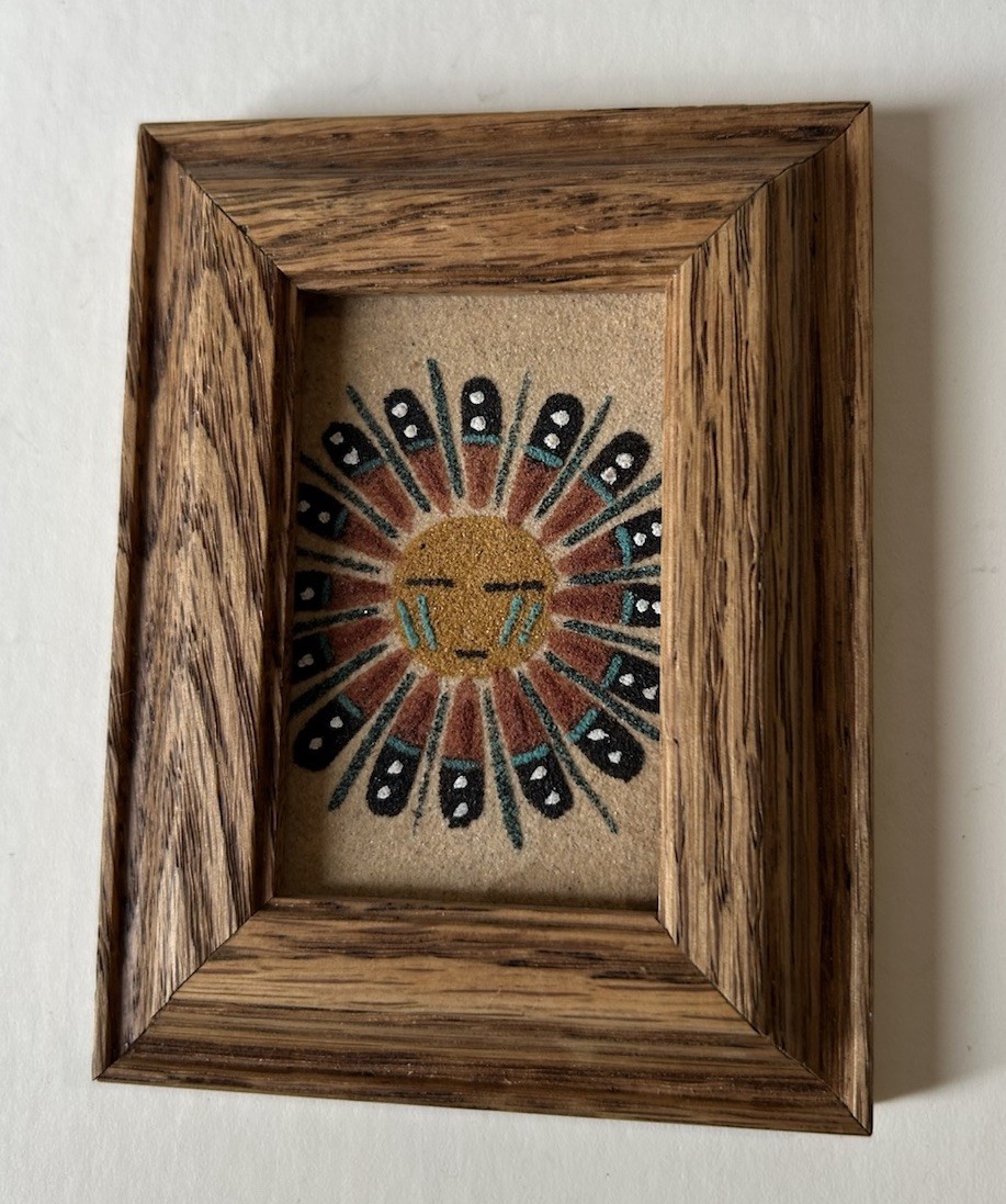 Navajo Sun Symbol Sand Painting Native American Art Framed Signed on Back 