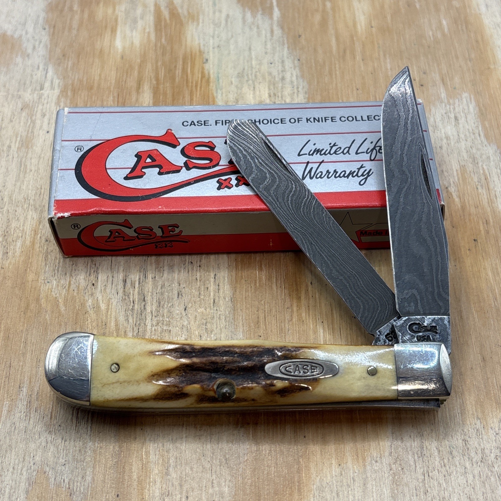 Vintage Case XX 1996 Stag 5254D Damascus Trapper Knife - Excellent