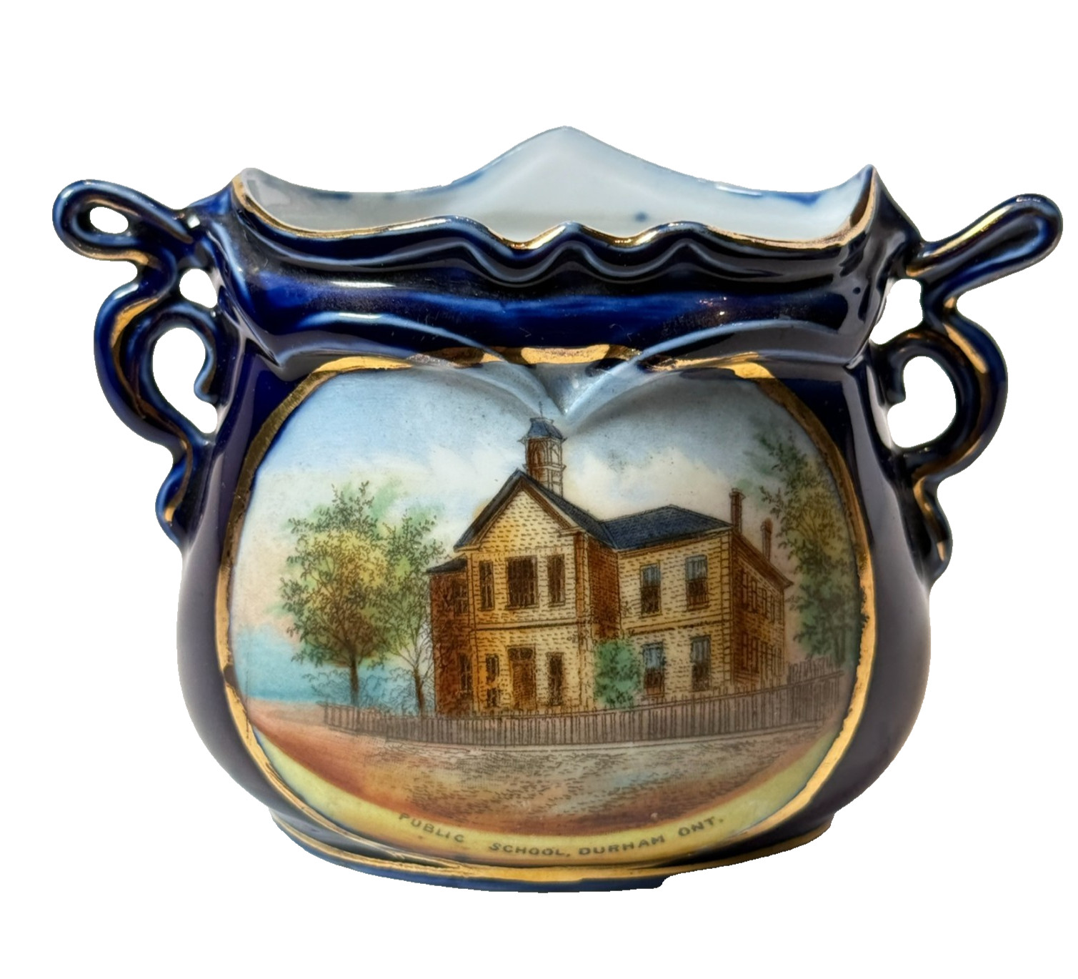 DURHAM - PUBLIC SCHOOL - ONTARIO CANADA Souvenir ANTIQUE CHINA COBALT TRINKET DURHAM - PUBLIC SCHOOL - ONTARIO CANADA Souvenir ANTIQUE CHINA COBALT TRINKET