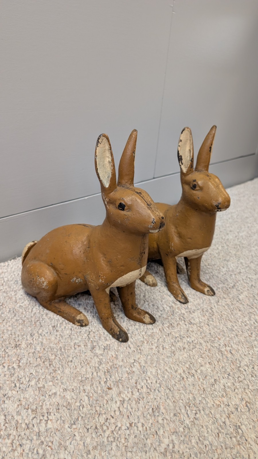 Pair Antique Original Cast Iron Bunny Rabbit Doorstop Statue, 15 lbs Each tm