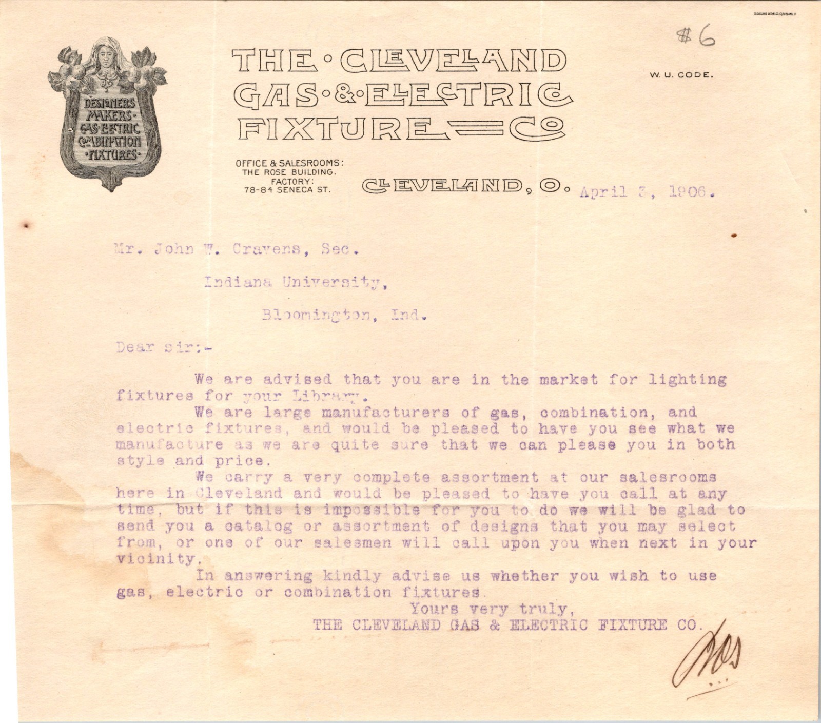1906 ADVERTISING LETTERHEAD CLEVELAND GAS & ELECTRIC FIXTURES CO. OHIO