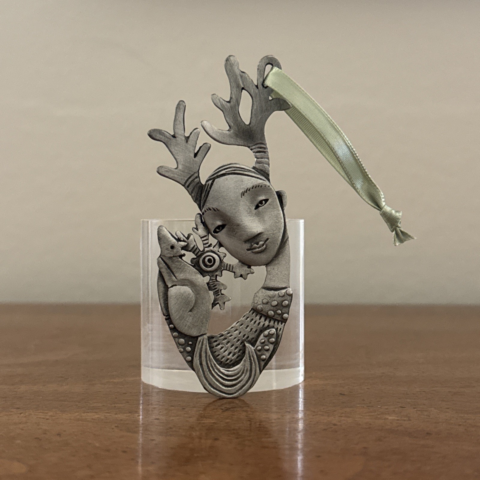 LEANDRA DRUMM American Pewter Ornament Reindeer Girl w/ Fox, Handmade in the USA