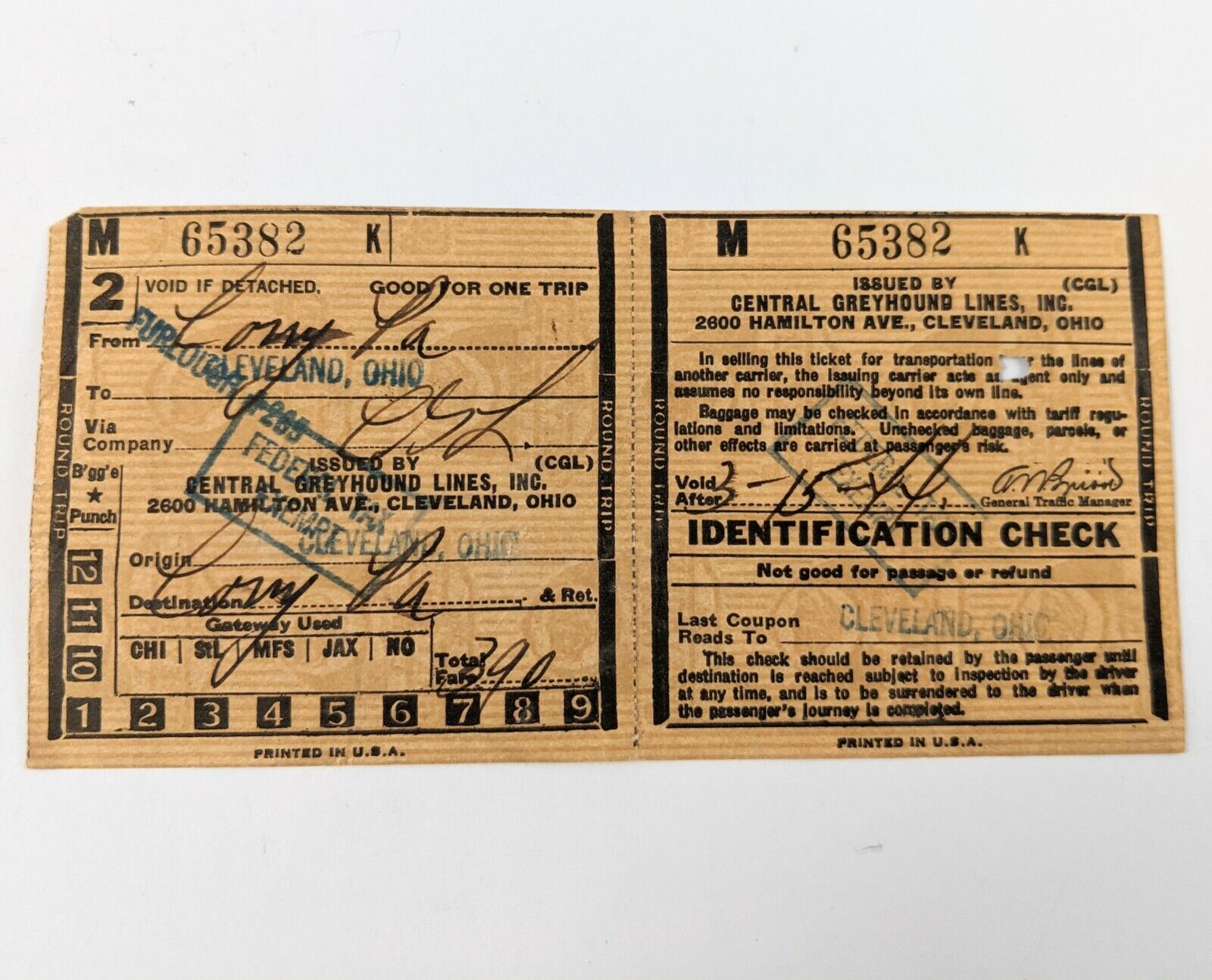 1944 Central Greyhound Lines Bus Ticket Cleveland Ohio