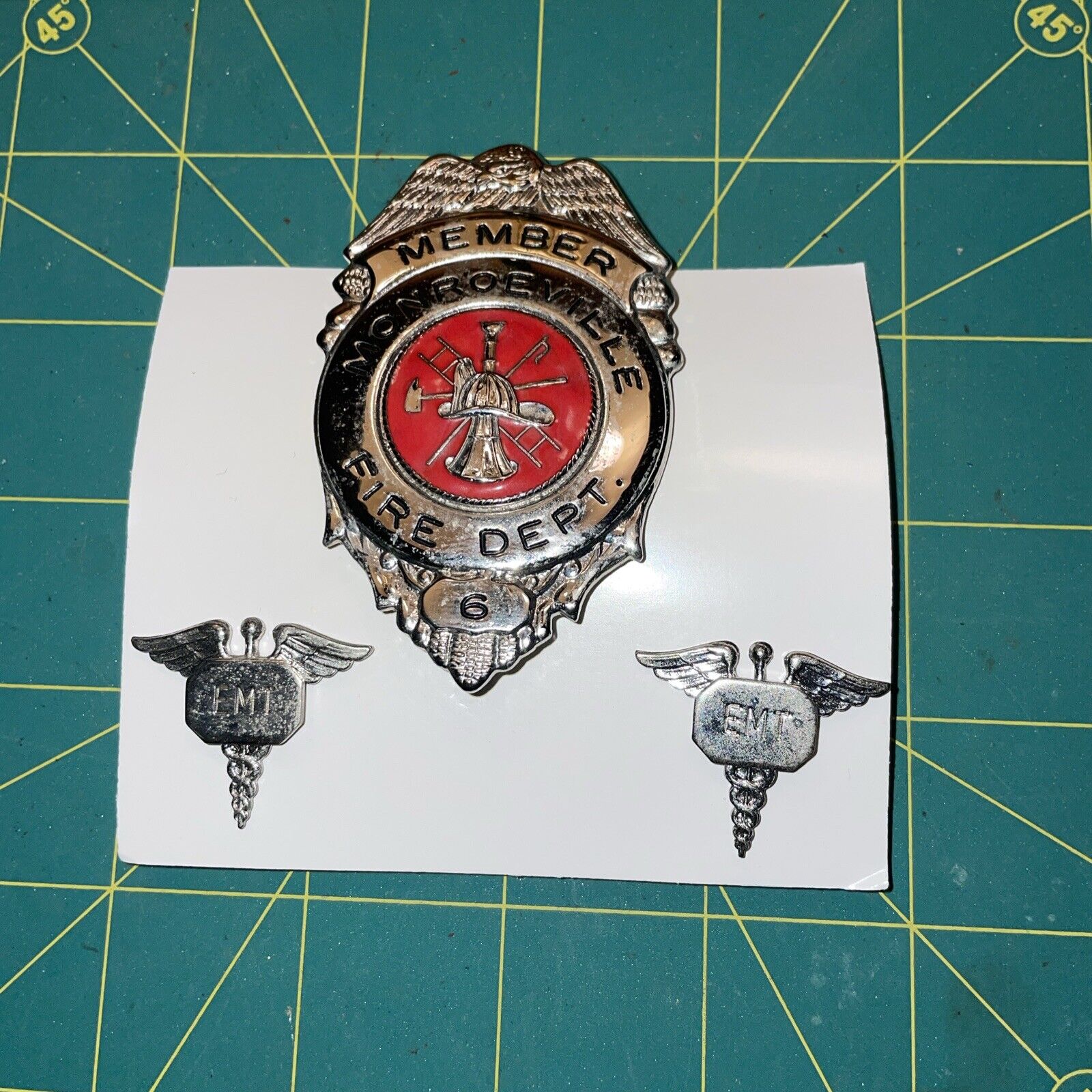 Vintage 3” Silver Tone / Red Monroeville PA Fire Dept 6 Badge With 2 EMT Pins