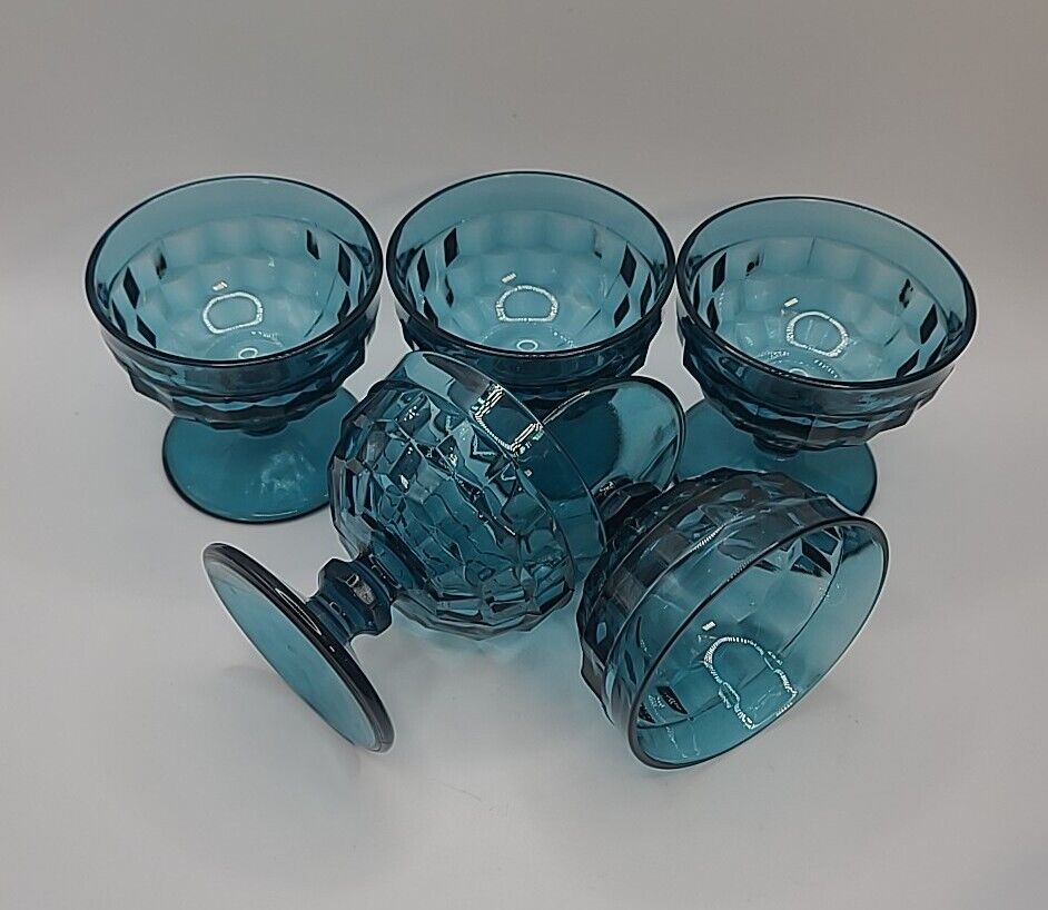 Vtg S/5 Whitehall Indiana Glass Colony Riviera Blue Cubist Footed Sherbert Glass