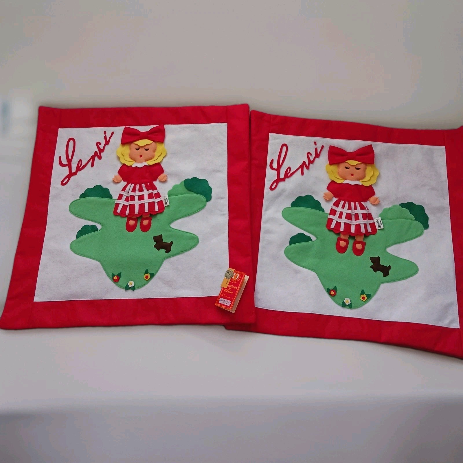 2- VTG Lenci Doll Pillow Covers Cases w/ Tag  Made In Italy Girl & Dog 20 X 20