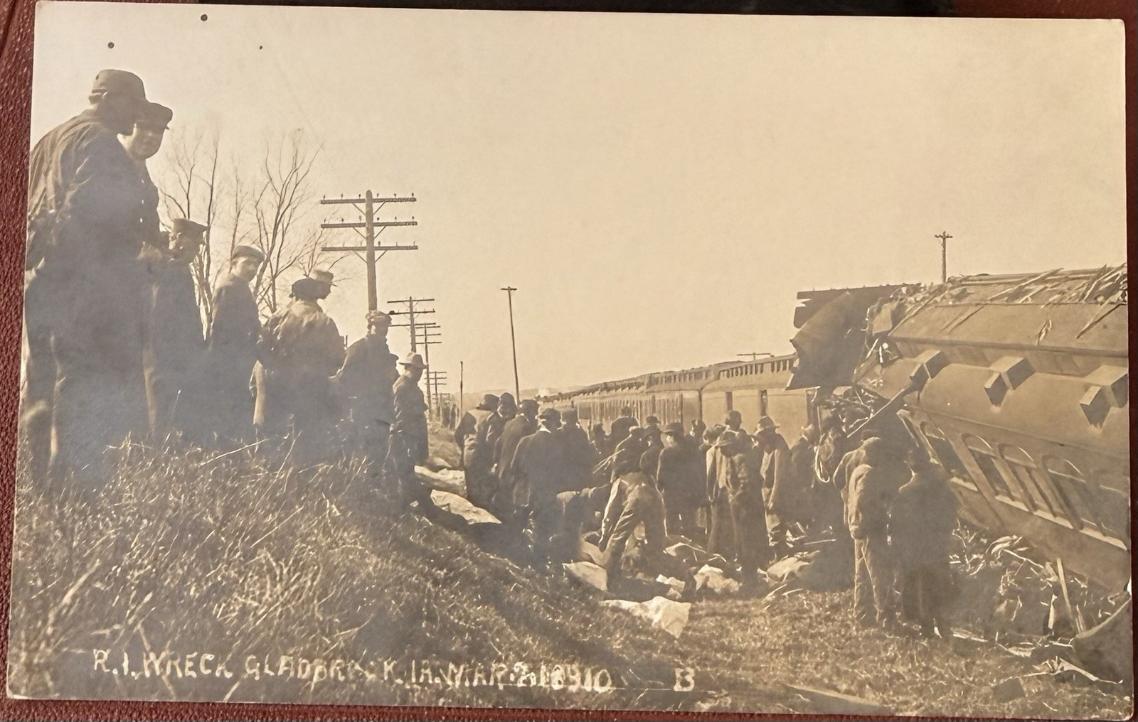 3-21-1910 Gladbrook Iowa, Wreck Train, Tama County, Sad RPPC Real Photo Postcard