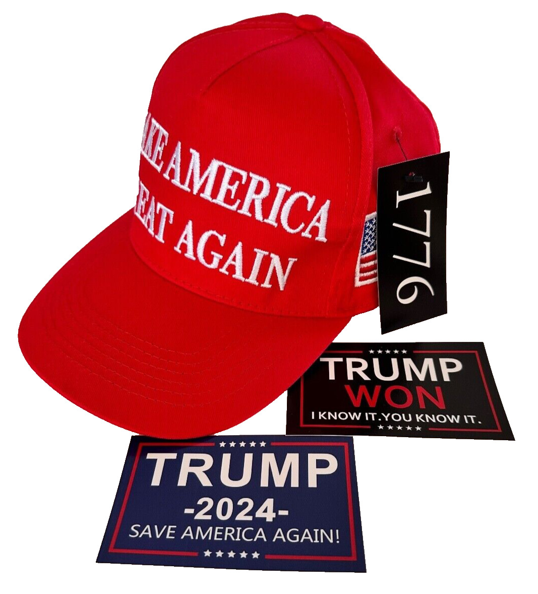 Donald Trump  45-47 MAGA Hat - Red + 2 - Stickers - Official 1776 Shirt Company