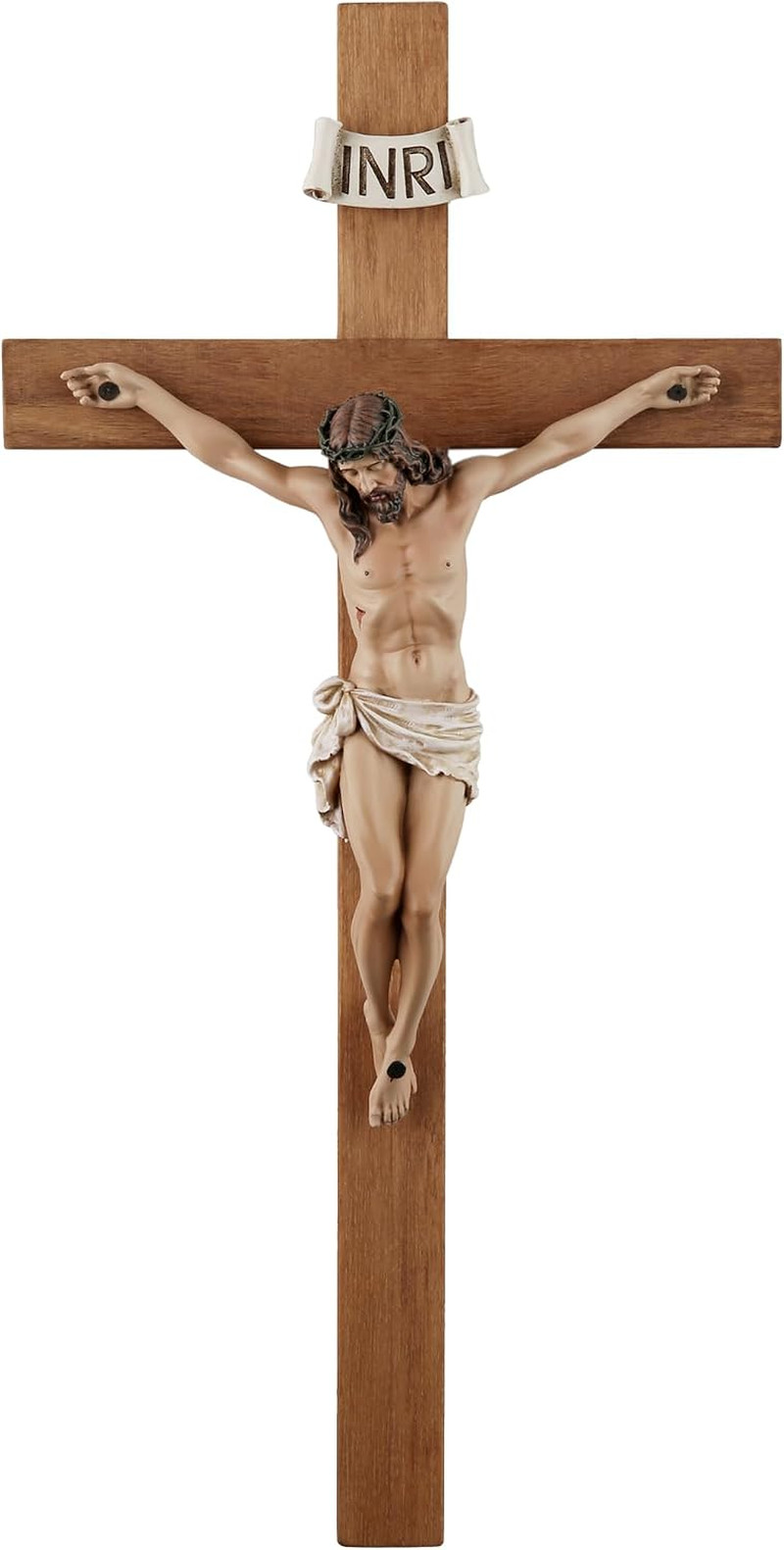 Crucifix Wall Cross - 14 Inch Olive Wood Wall Crucifix, Hand Painted Resin