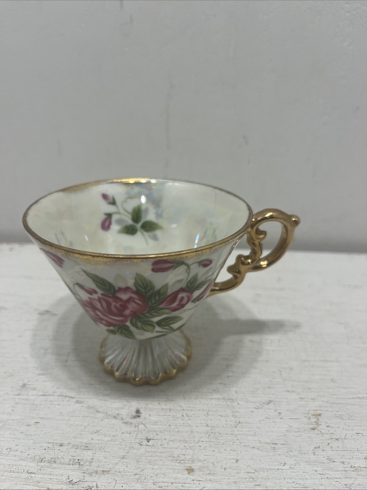 Vintage Norleans APRIL SWEET PEA Flowers Iridescent Pedestal Tea Cup