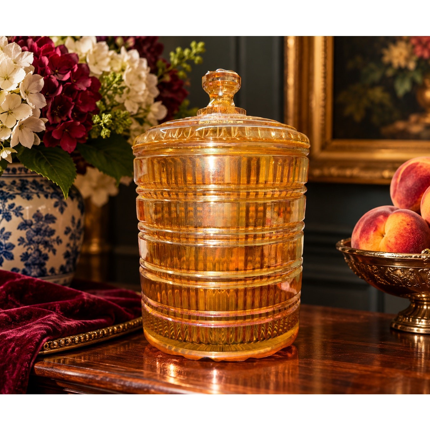Exceptional Vintage Peach Carnival Glass Biscuit Jar Jeannette Attributed 9.5