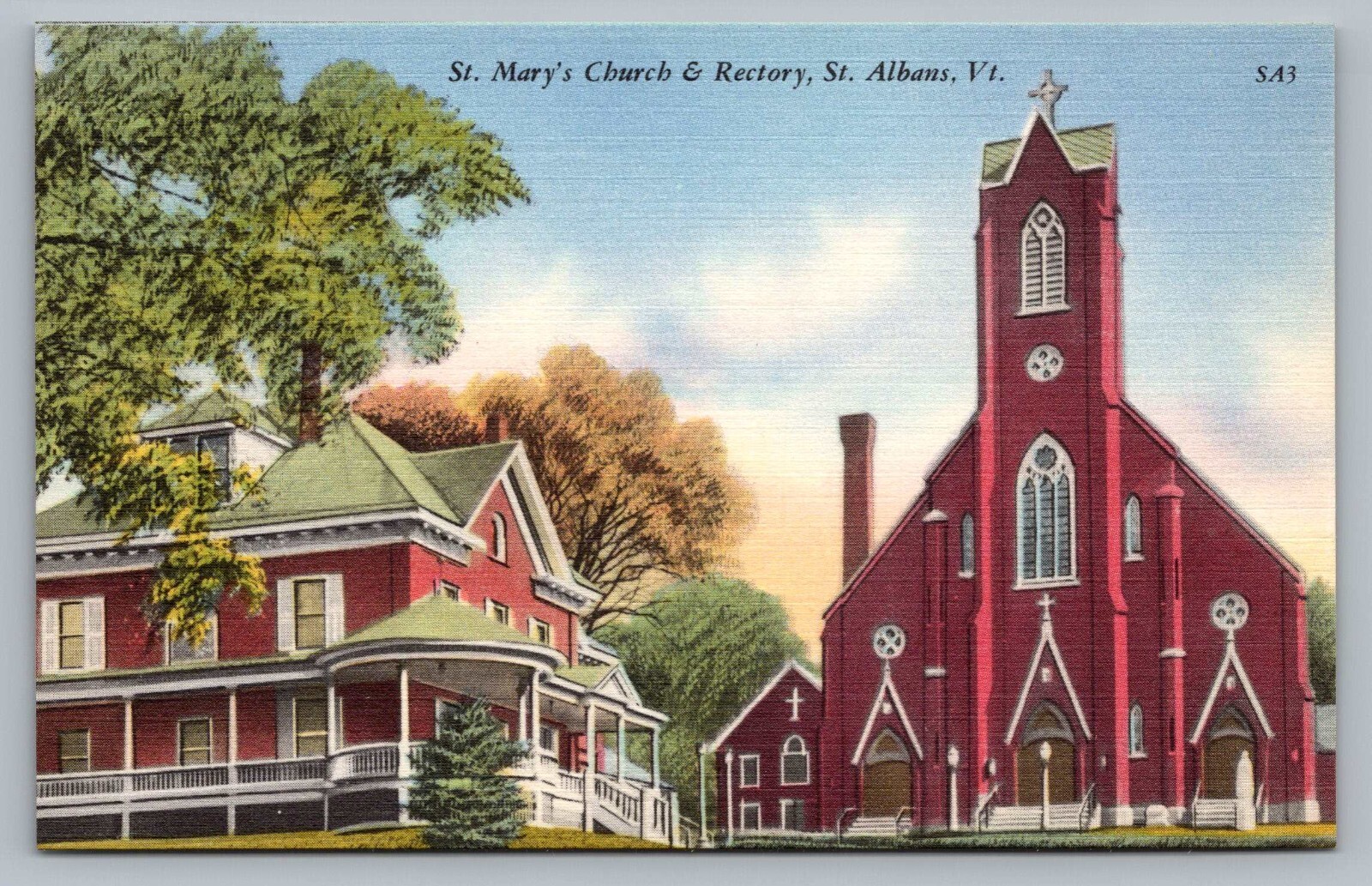 St Albans VT St Mary\'s Church And Rectory Street View Vermont Postcard Vtg A9