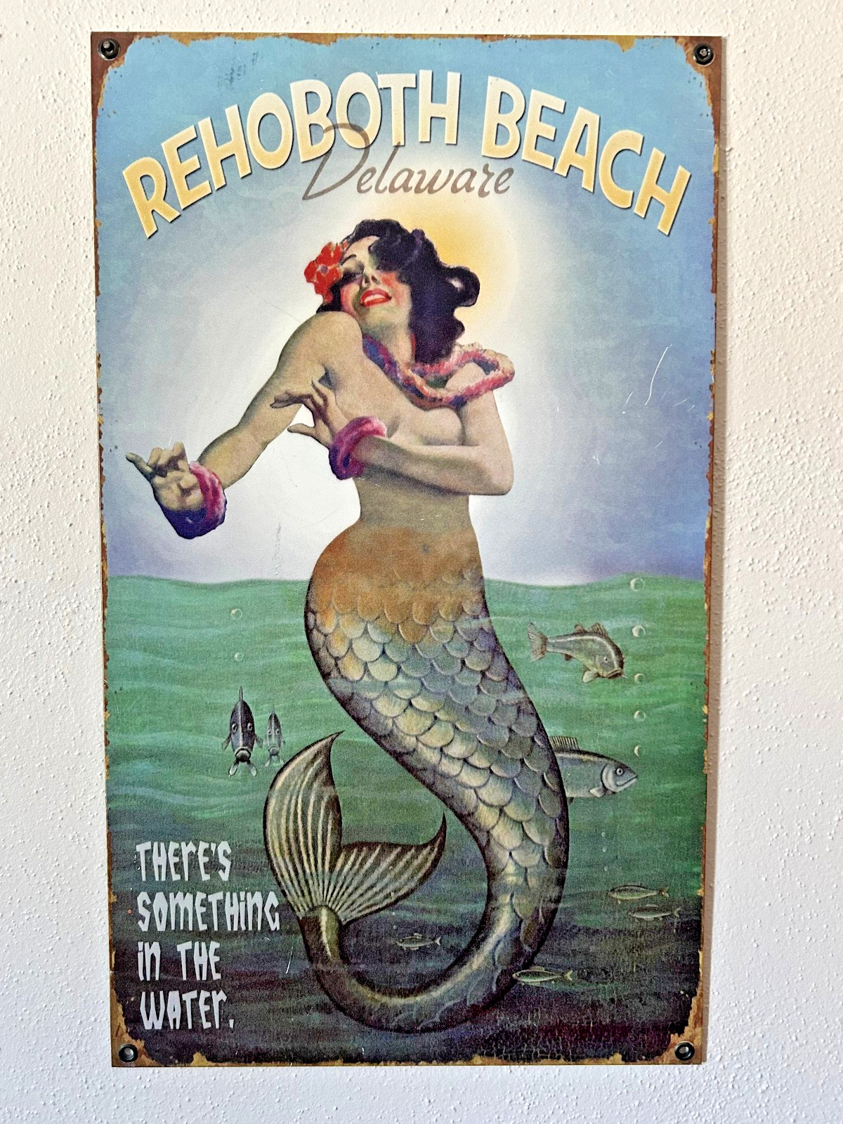 Vintage 90's Tin Sign Mermaid Rehoboth Beach Delaware Coastal Beach Decor 24