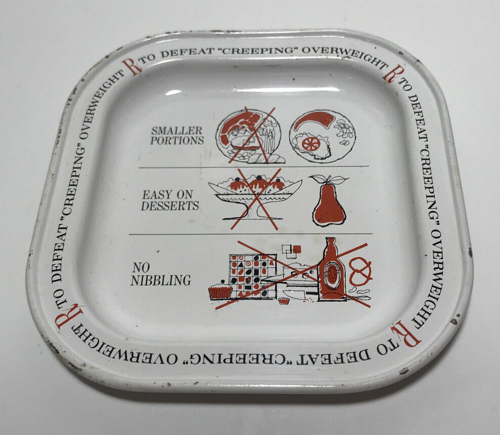 Vintage Collectible Tin Tray To Defeat Creeping Overweight Smaller Portions