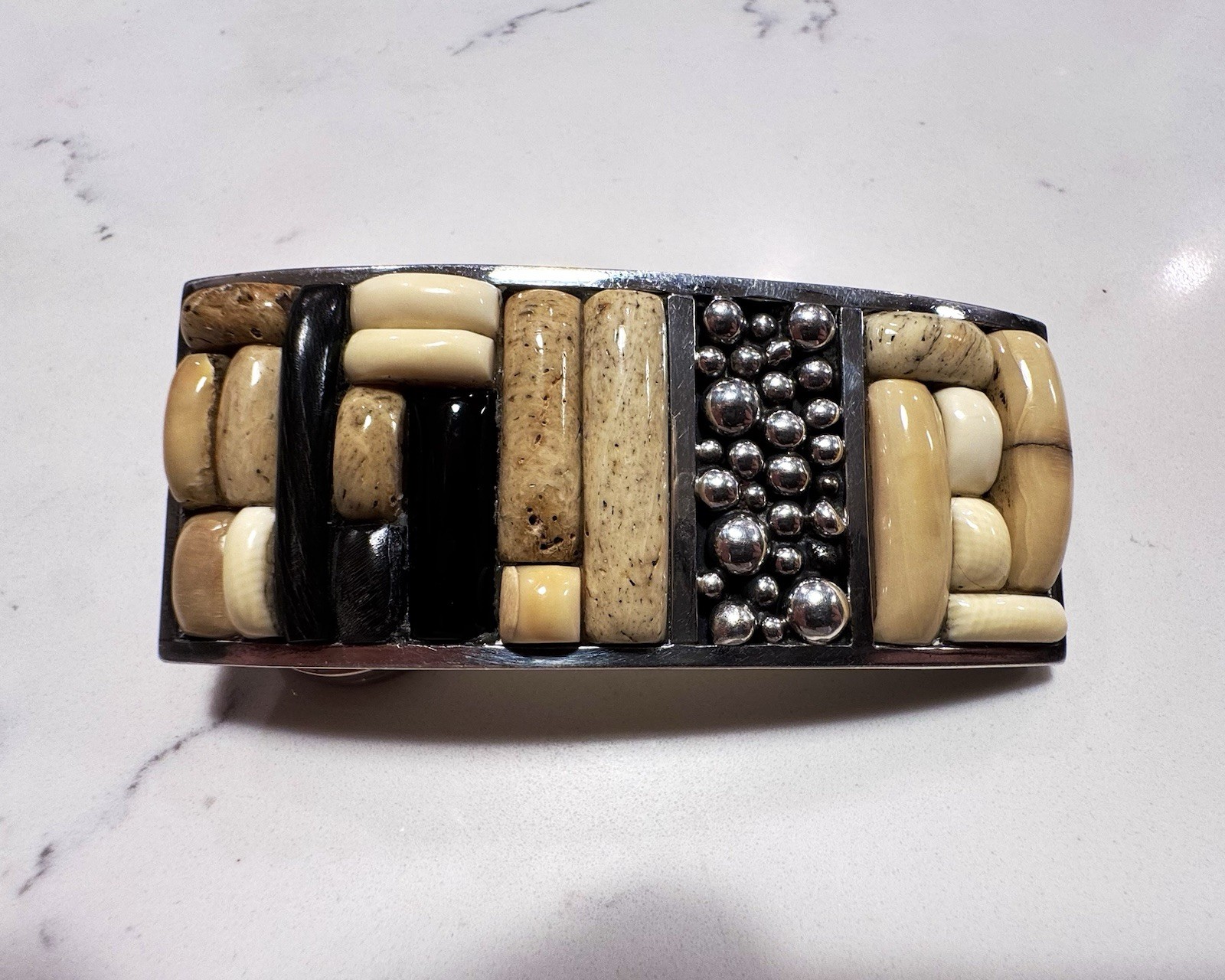 Jack Woolsey Versions 925 Sterling Modernist Fossil Onyx Inlay Belt Buckle 48g