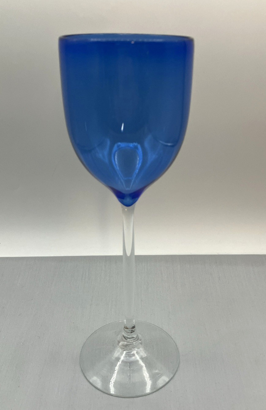 Josh Simpson Studio NM Signed Art Glass Blue  9 1/4” Wine Glass Goblet ‘83