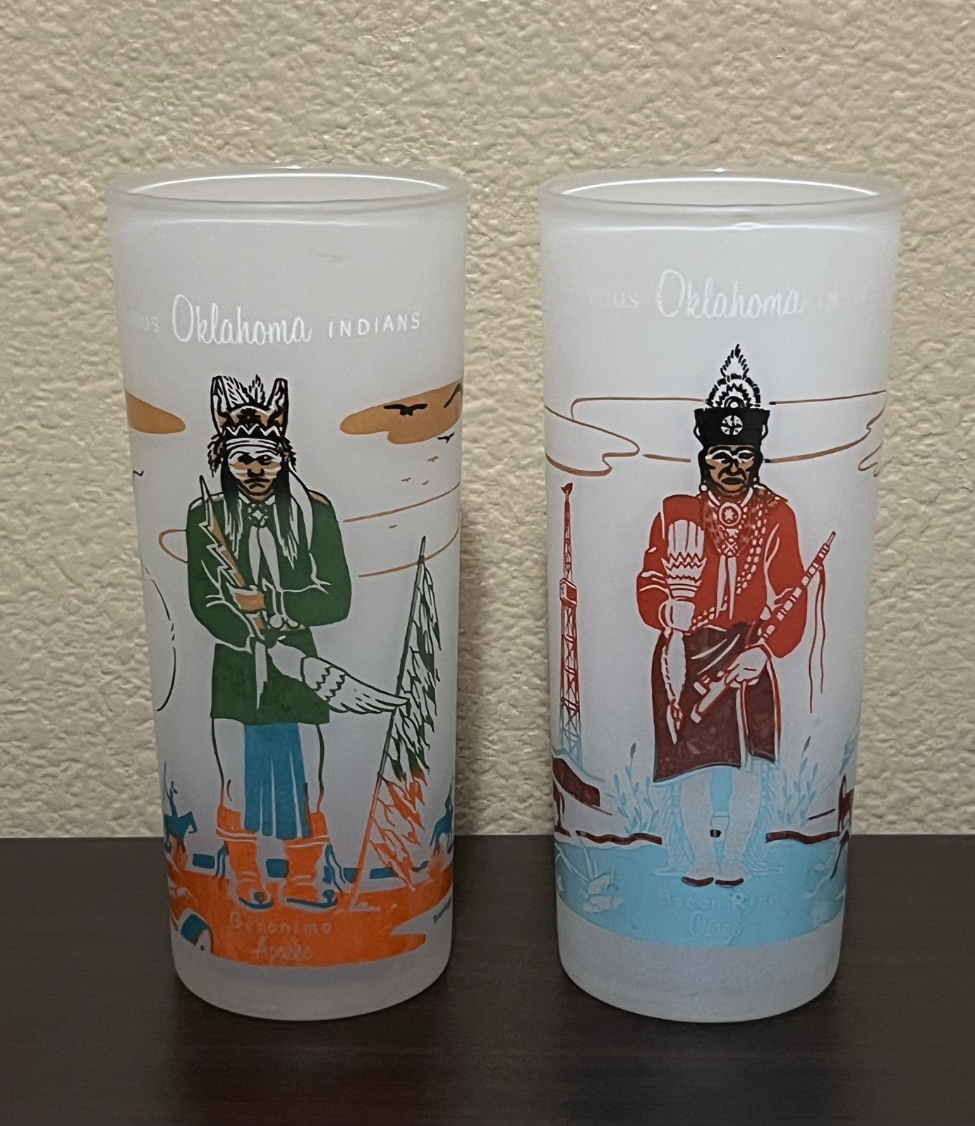 Set of 2 Frosted High Tumblers 1959 Knox Oil Co. Famous Oklahoma Indian Series
