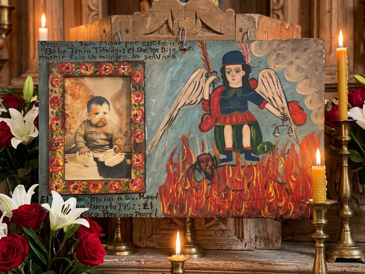 San Miguel Arcángel 1952 Mexican Ex Voto Retablo Photo Typhoid 12 in