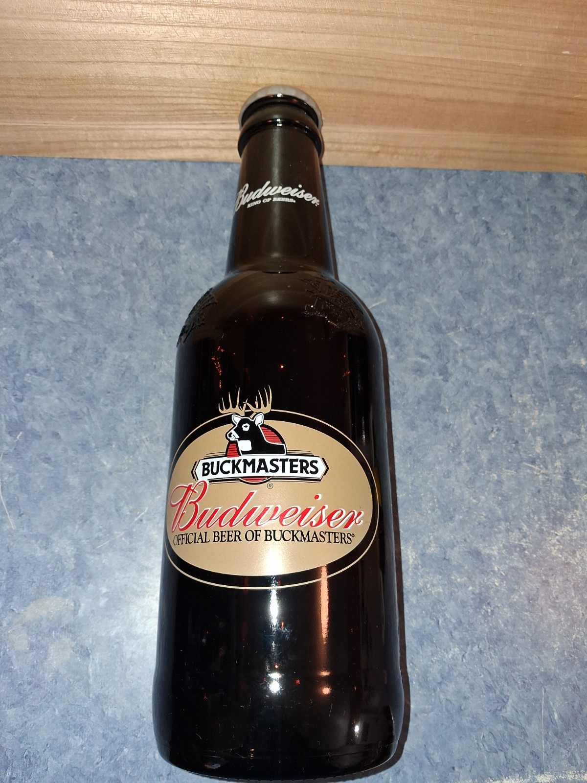 Vntg Budweiser Buckmasters Glass Beer Bottle 15” Embossed-Coin Bank Pop Off Lid 