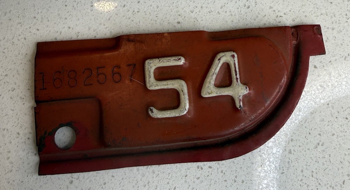 1954 California License Plate Metal Validation Tab Tag Original Red White 54