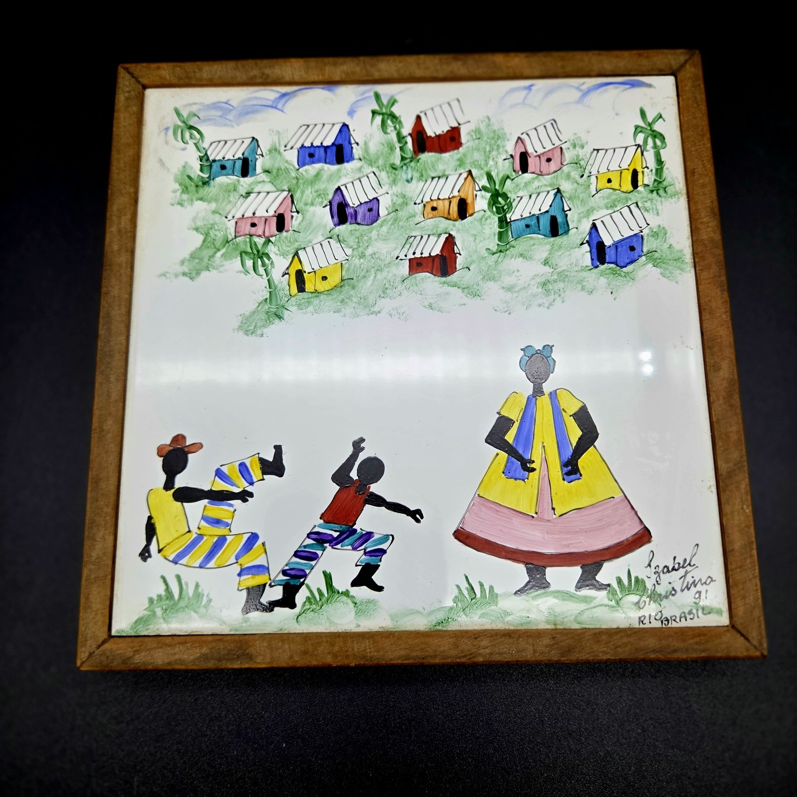 Vintage Izabel Christina Brazilian Folk Art Hand Painted Ceramic Tile Framed 91