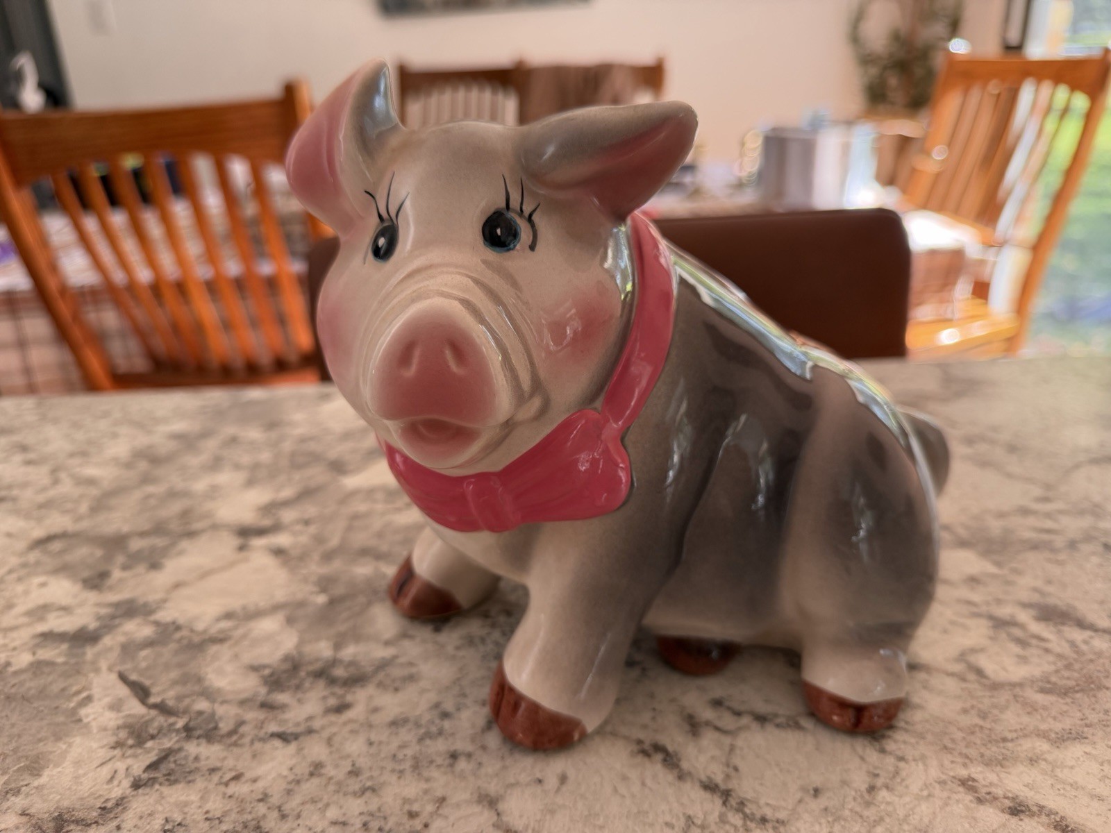 Vintage Ceramic Piggy Bank Pig Pink Bow tie Eyelashes