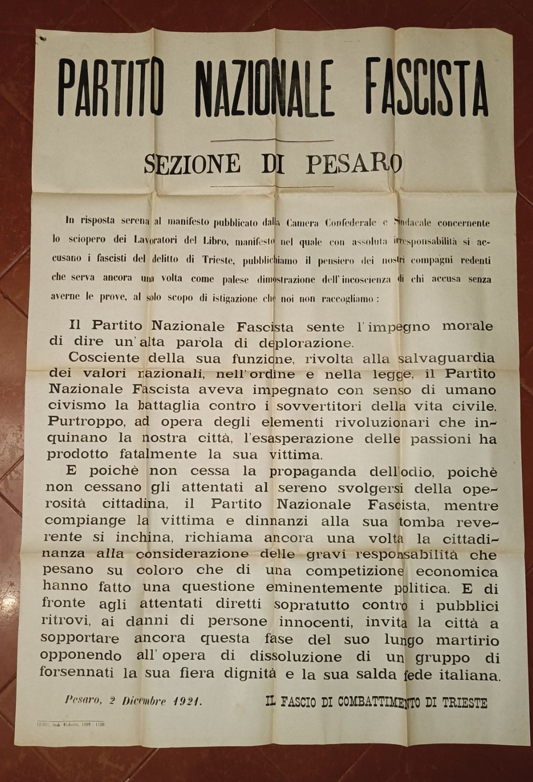Pesaro - Trieste - National Fascist Party 1921 manifesto History Sources Italy