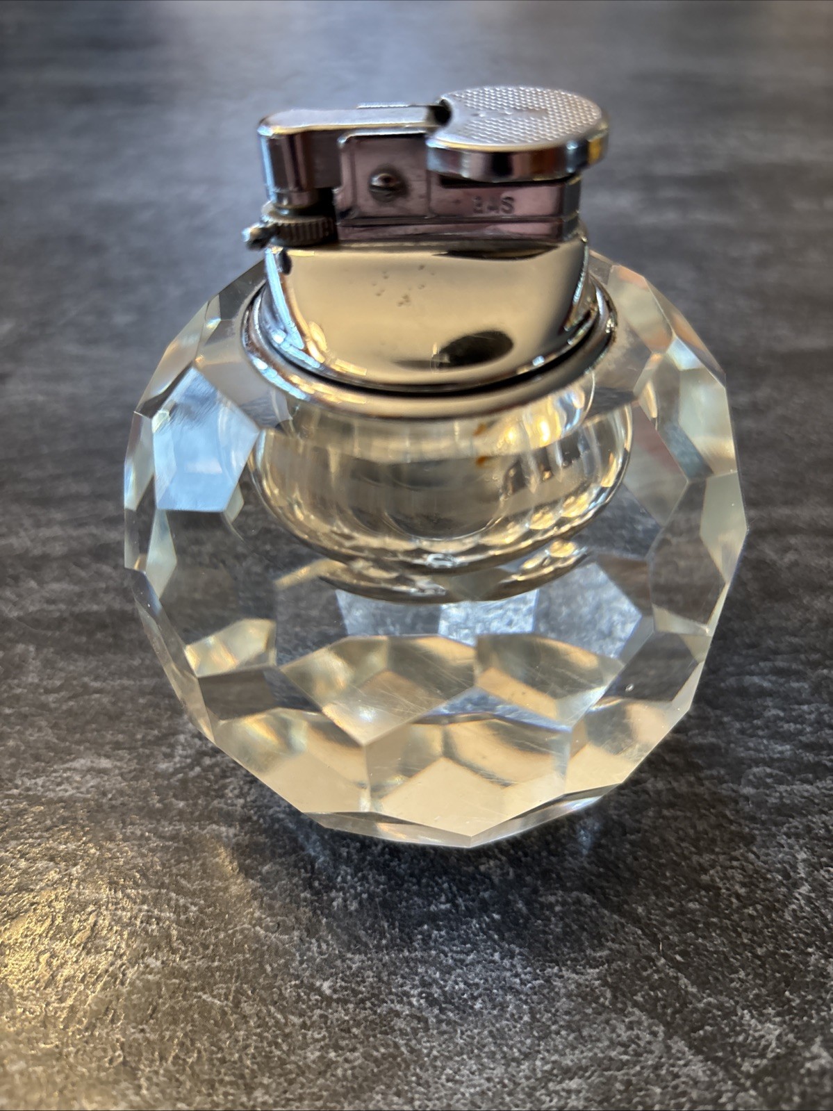 Vintage Heavy Clear Crystal Cut Glass Gas Table Lighter Chrome Top Butane Unique
