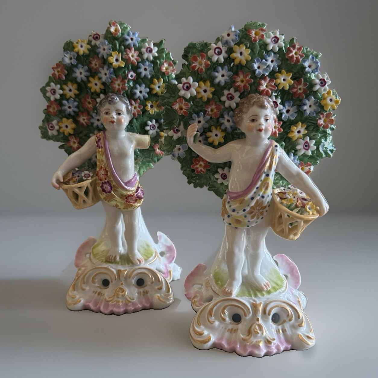Antique Pair Bocage Figurines Gold Anchor Mark, Edmé Samson et Cie Late 19th C