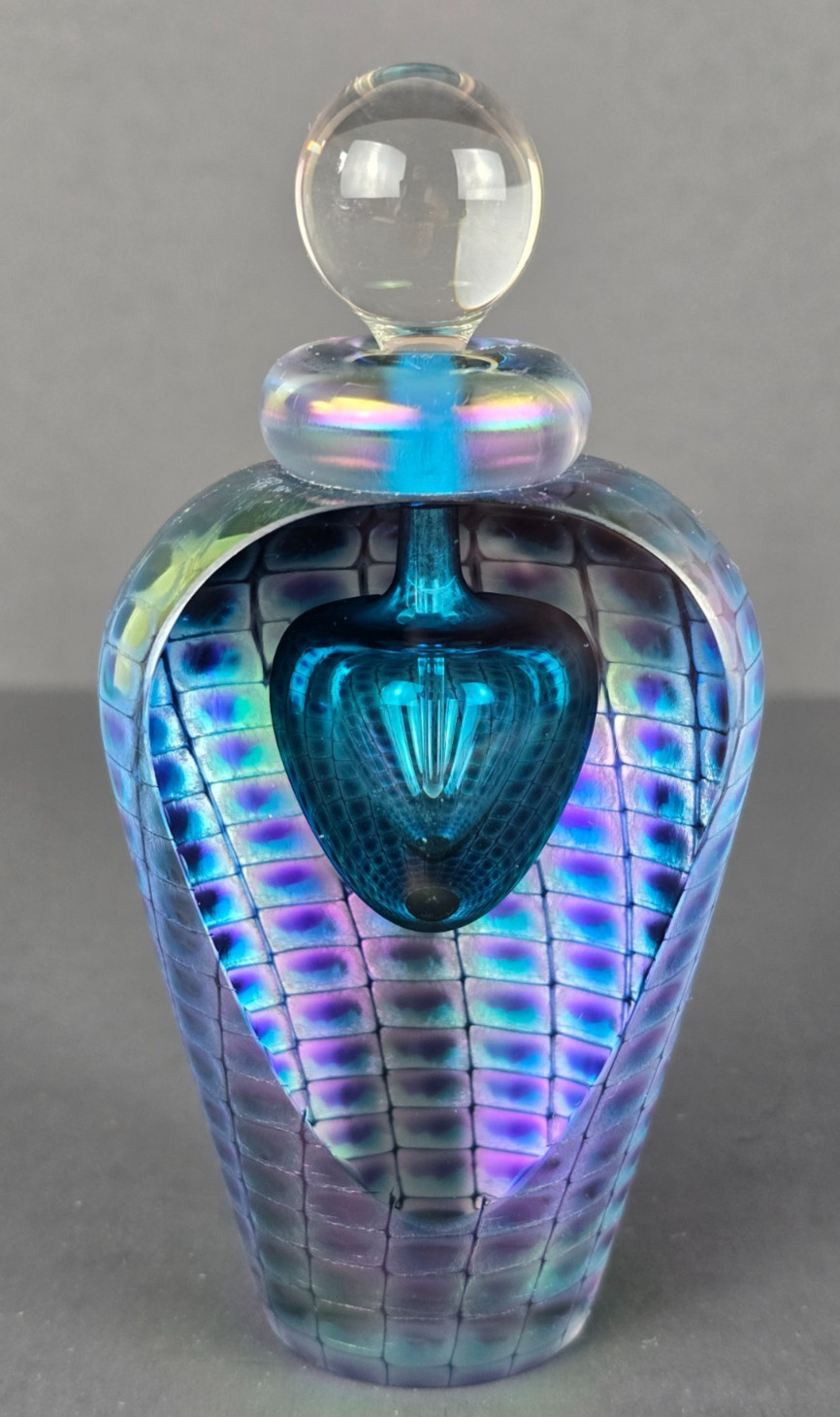 VTG Tom Philabaum Reptilian Series Blue Purple Studio Art Glass Perfume Bottle VTG Tom Philabaum Reptilian Series Blue Purple Studio Art Glass Perfume Bottle