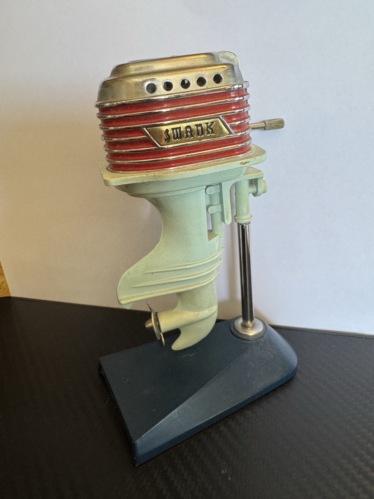 Vintage SWANK Outboard Motor Desk Lighter Japan Figural Boat Motor w/ Stand