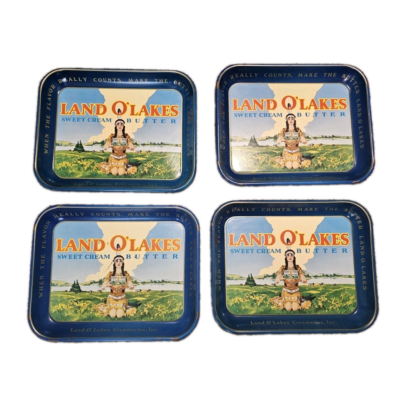 4 Vtg LAND O\'LAKES Metal Tray Serving Advertising Sweet Cream Butter 13x10.5\