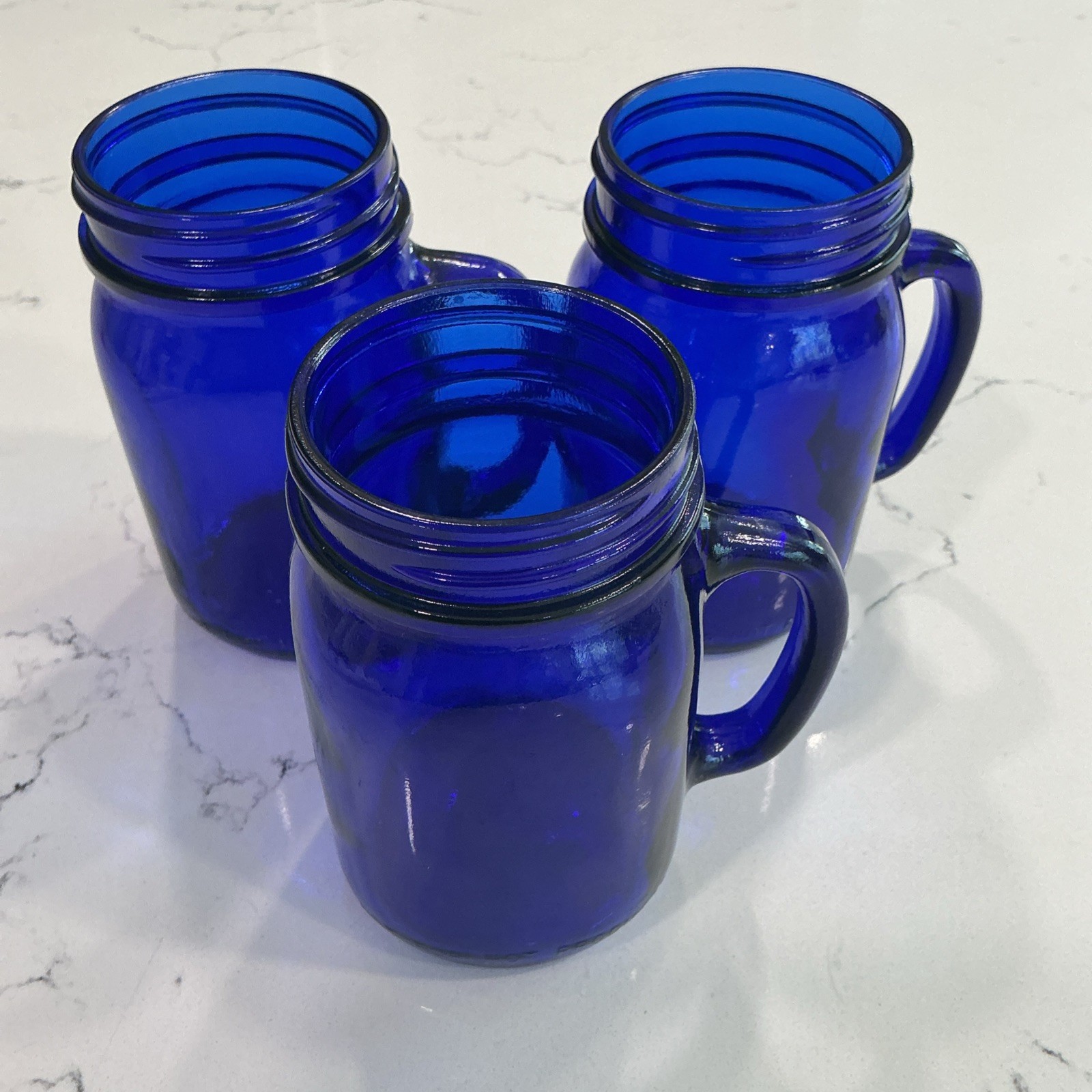 Set of 3 Vintage Cobalt Blue Glass Pint Size Handled Jar Mugs - Not For Canning