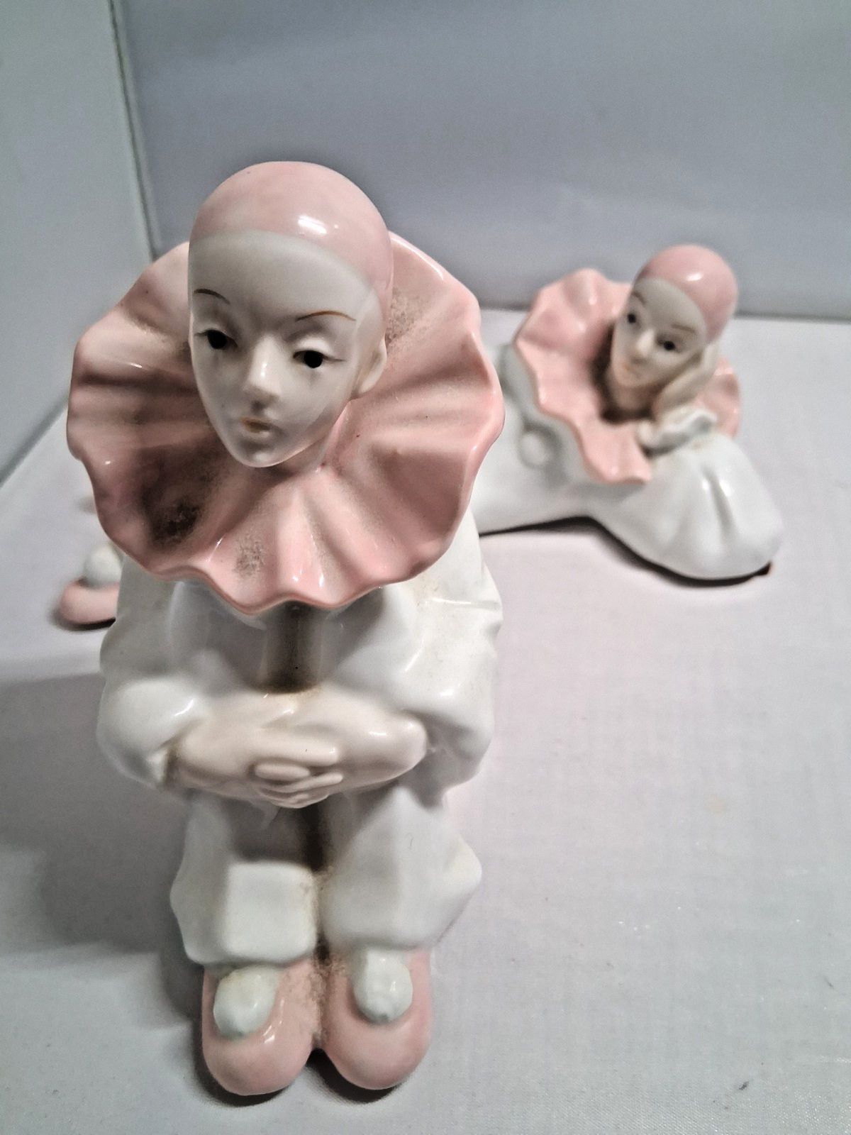 Pierrot Ceramic Clown Figurines Harlequin Pink Ruffle White Art Deco