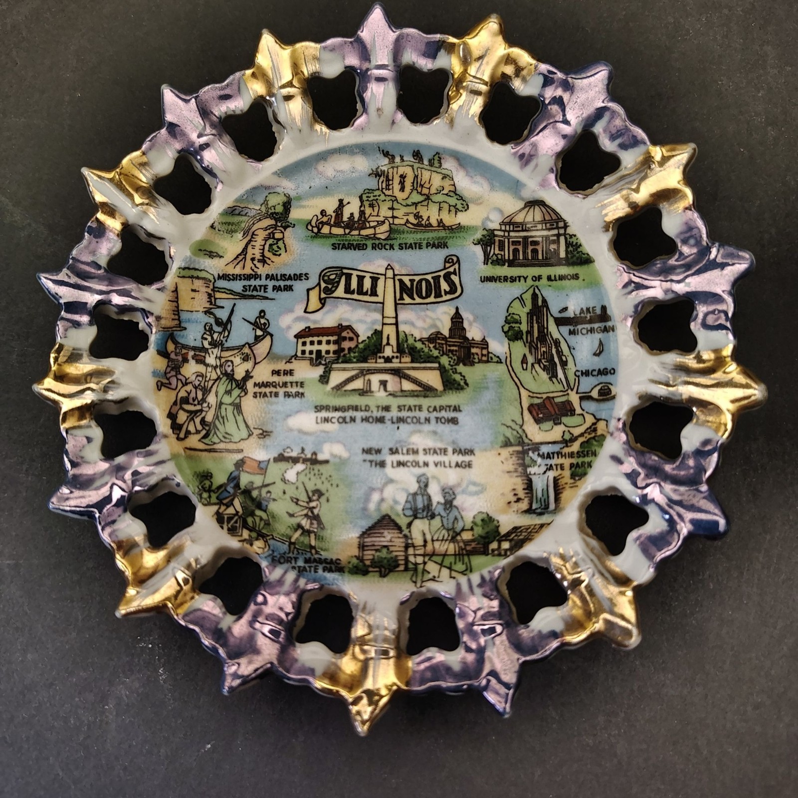 Illinois State Souvenir Plate Pierced Reticulated Edge Gold 1950s