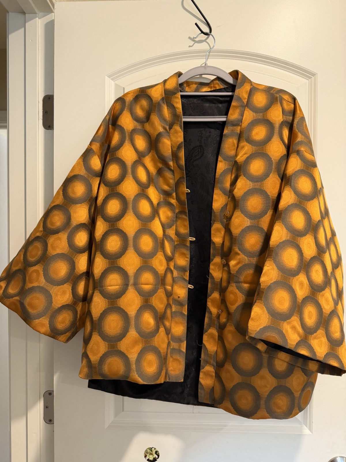 Vintage Silk Kimono Jacket Gold Geometric Print S/M/L New