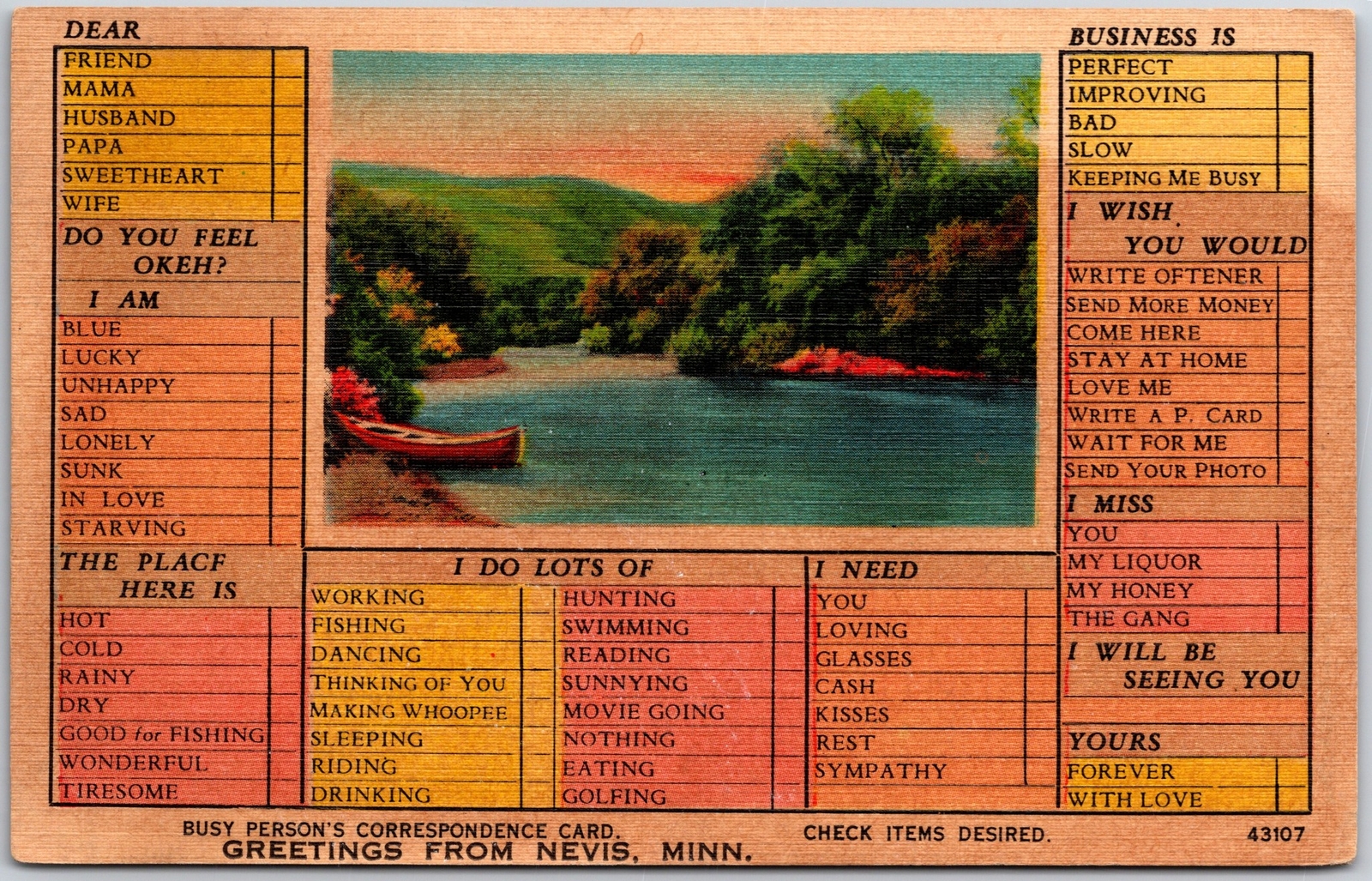 1945 Greetings From Nevis Minnesota Busy Persons Correspondence Card Postcard