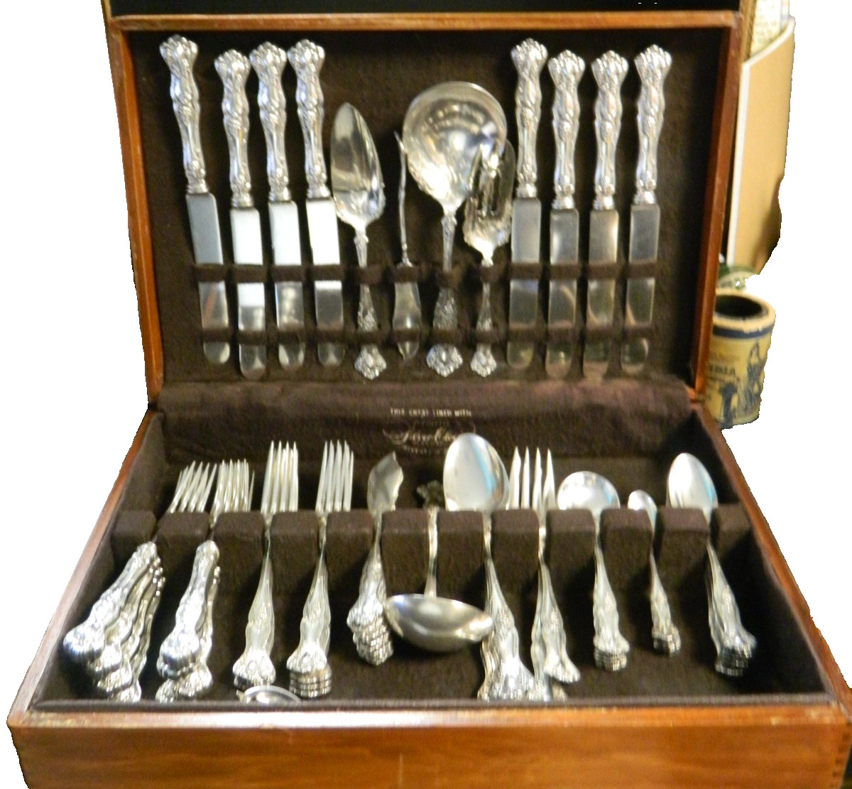 Vintage 1847 Rogers Bros. XS Triple Grape Motif Flatware Set (71) Pcs. Wood Box