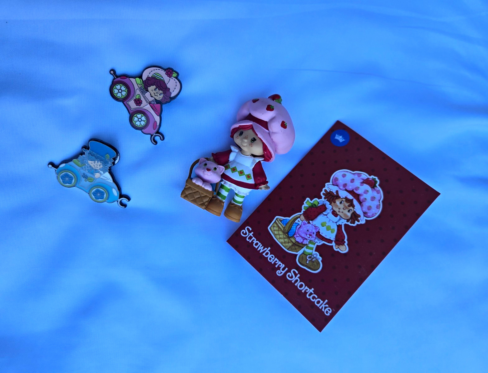 Strawberry Shortcake Lapel Pin And Figure Lot w/ Character Card Sticker Sheet