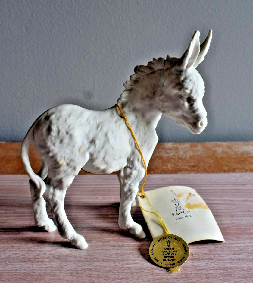 Vintage 1970s Kaiser White Bisque Porcelain Standing Donkey Figurine, Gold Crown