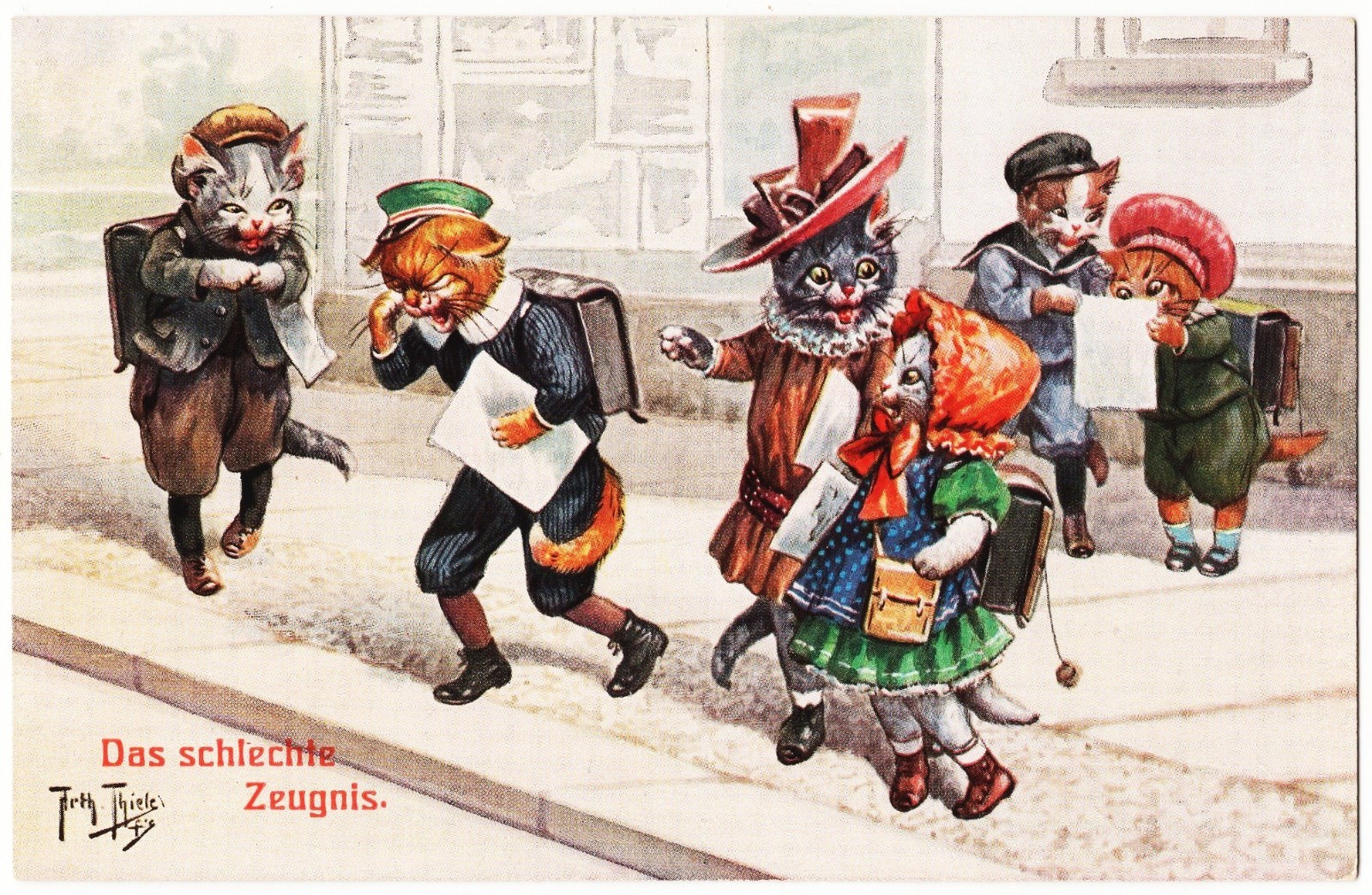 artist Arthur Thiele TSN Cat Cats Students Anthropomorphic antique postcard