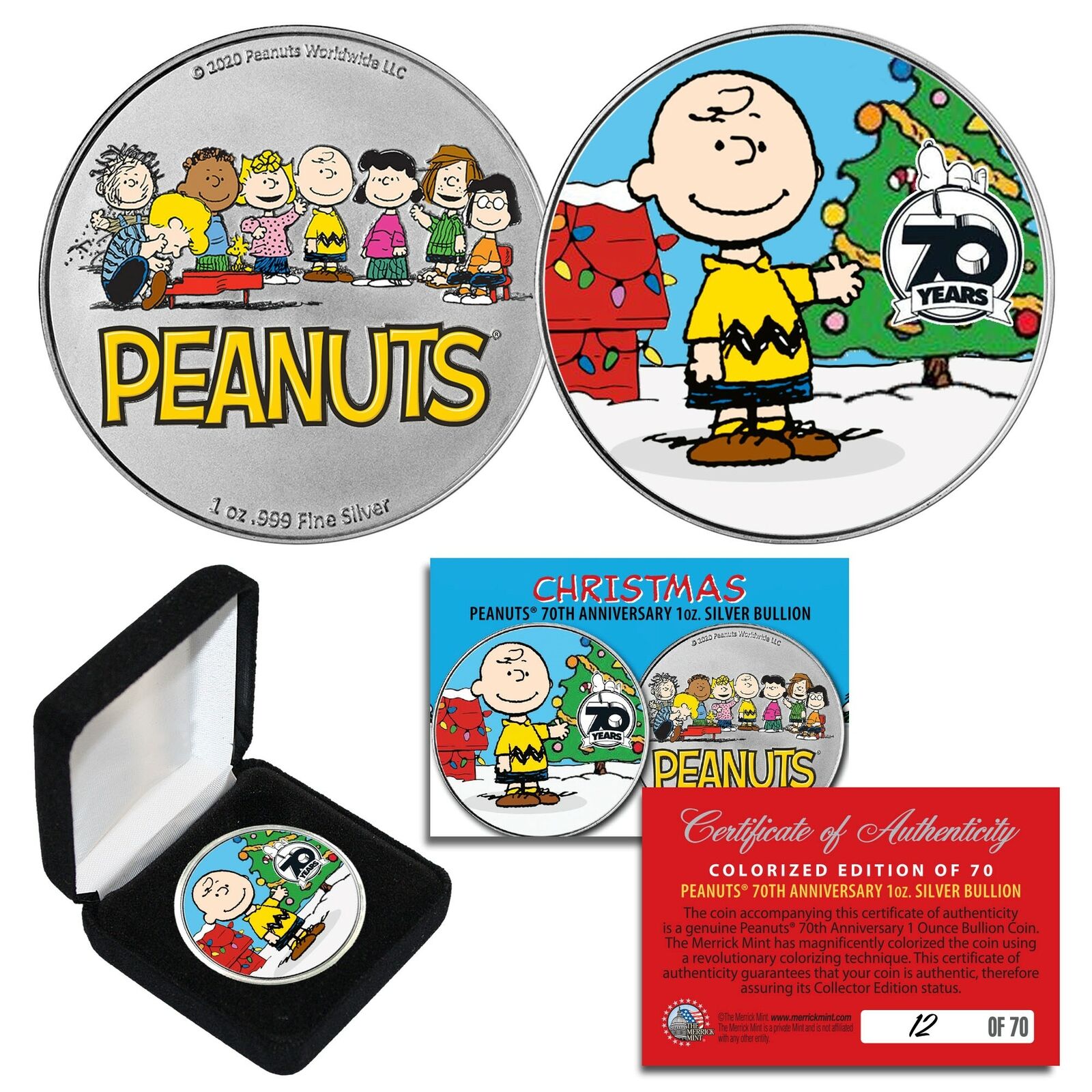2020 Peanuts Charlie Brown 70th Anniv 1 OZ .999 SILVER Coin LTD of 70 CHRISTMAS