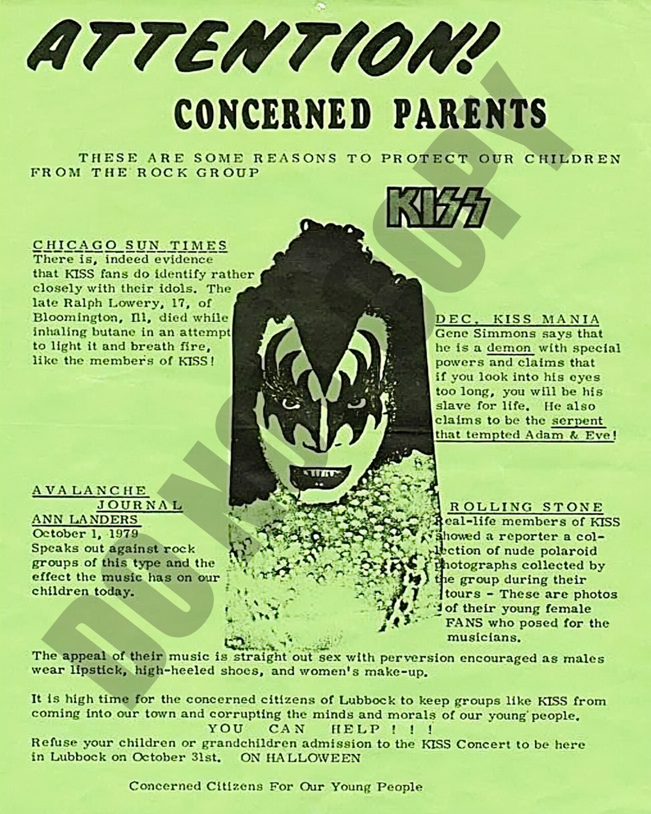 1979 Concerned Parents Anti-KISS Flyer From Lubbock Texas 8x10 Photo