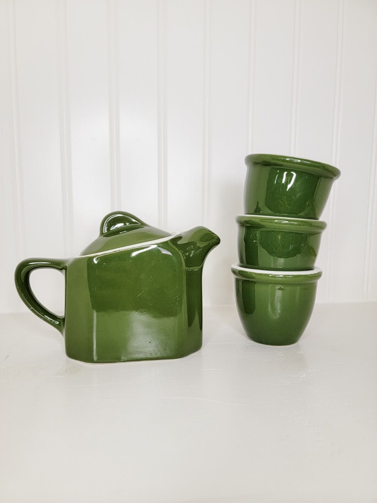 Vtg Hall Green Ceramic Teapot with Three Ramekins Farmhouse Country Home Decor