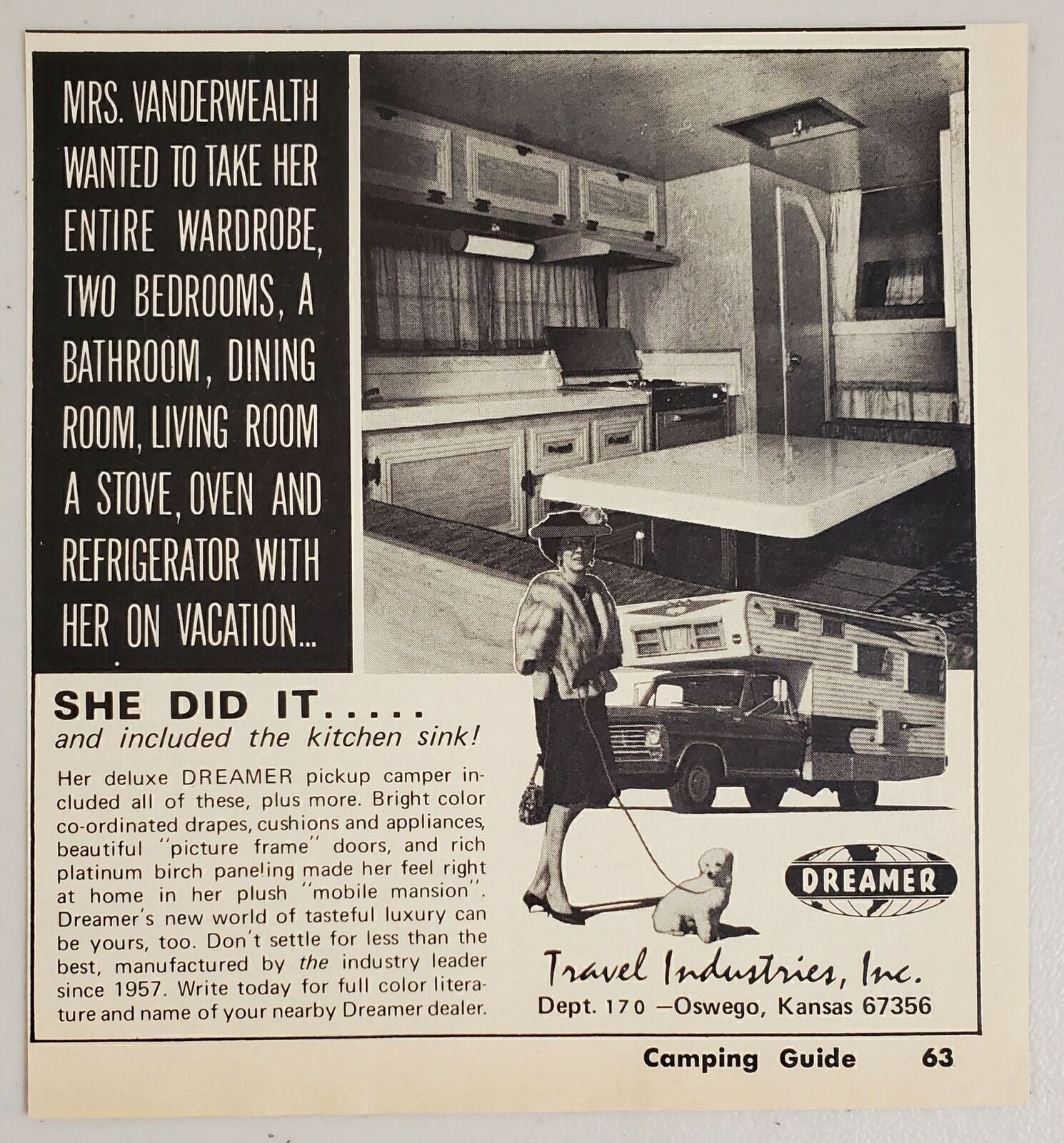 1968 Print Ad Dreamer Pickup Truck Campers Travel Industries Oswego,KS